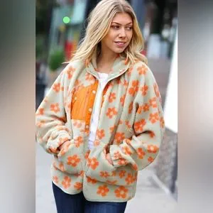 Flower Print Sherpa Button Down Jacket